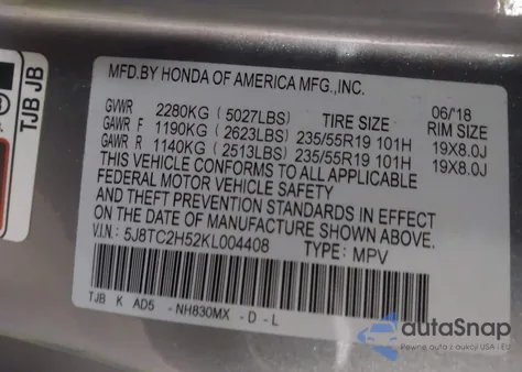 2019 Acura Rdx Technology Package z USA, uszkodzony, nr VIN 5J8TC2H52KL004408